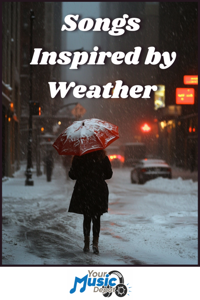 A person with a red umbrella strolls through a snowy city street. The text reads "Your Music Depot" and "Songs Inspired by Weather.