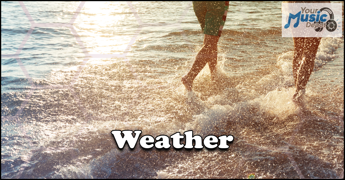 Two people walk in shallow ocean waves at sunset, creating splashes. The word "Weather" is overlaid on the image.