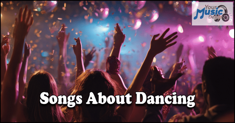 A lively crowd with raised hands dances under colorful lights and confetti, capturing the energy of Songs About Dancing, with the "Your Music Depot" logo in the corner.