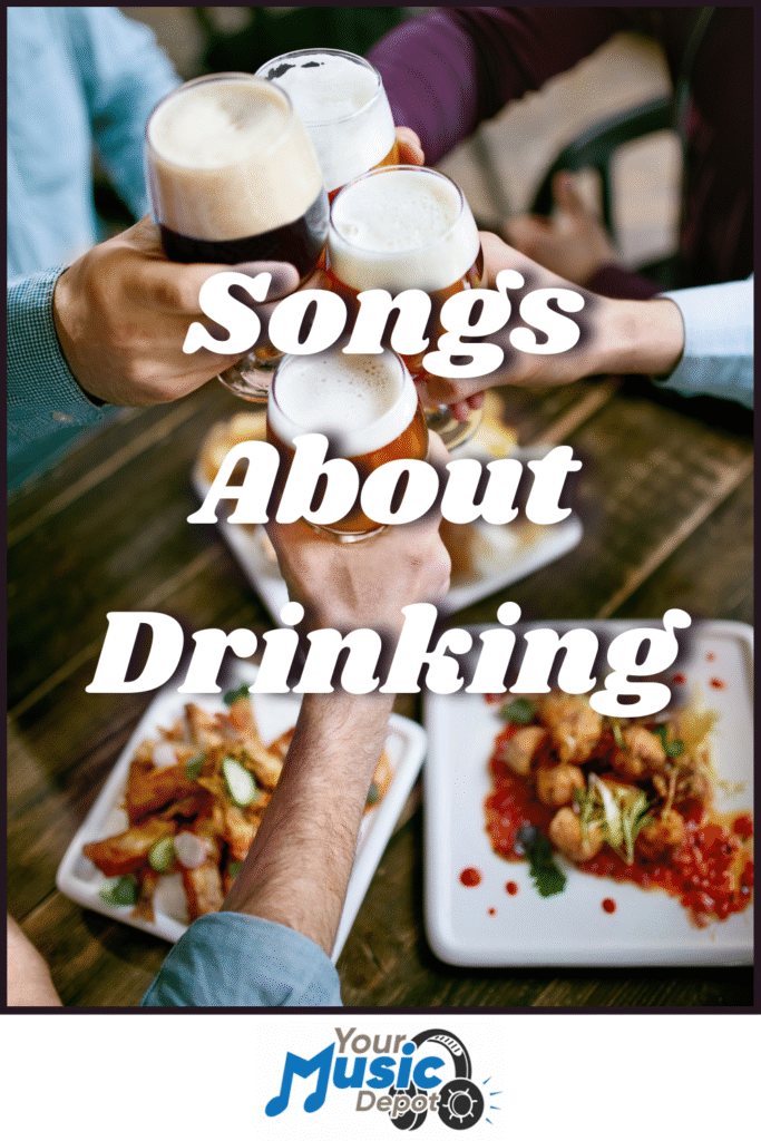 Four people clink beer glasses above plates of food on a wooden table; overlaid text reads "Songs about Drinking," setting the scene for a lively playlist perfect for raising a toast with friends.