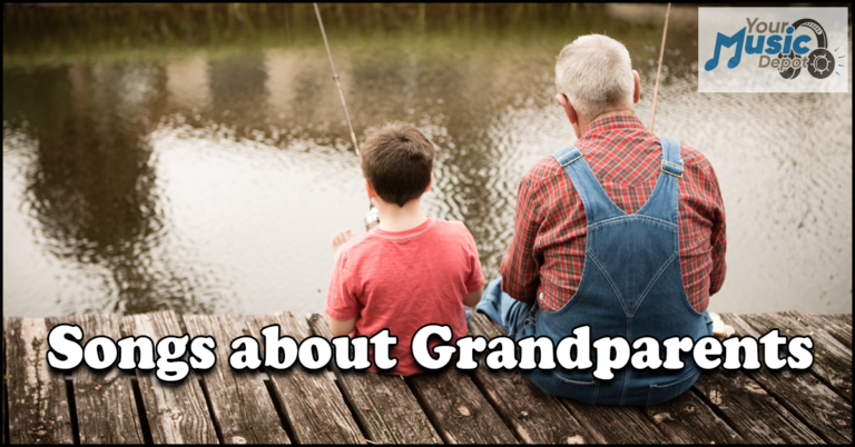 A man and a child sit on a wooden dock with fishing rods by a serene lake, evoking the gentle nostalgia of "Songs about Grandparents." The "Your Music Depot" logo graces the top right corner.