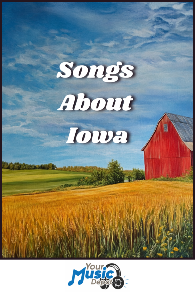 A red barn stands in a golden wheat field under a blue sky. Text reads "Songs About Iowa," celebrating local Iowa musicians. Logo at the bottom says "Your Music Depot.