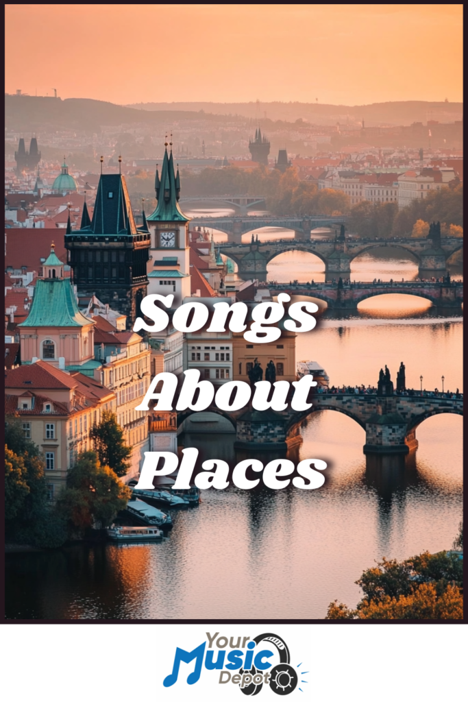 Aerial view of a cityscape with historic buildings, a river, and multiple bridges at sunset, overlaid with the elegant text "Songs About Places" and a logo gracefully placed at the bottom.