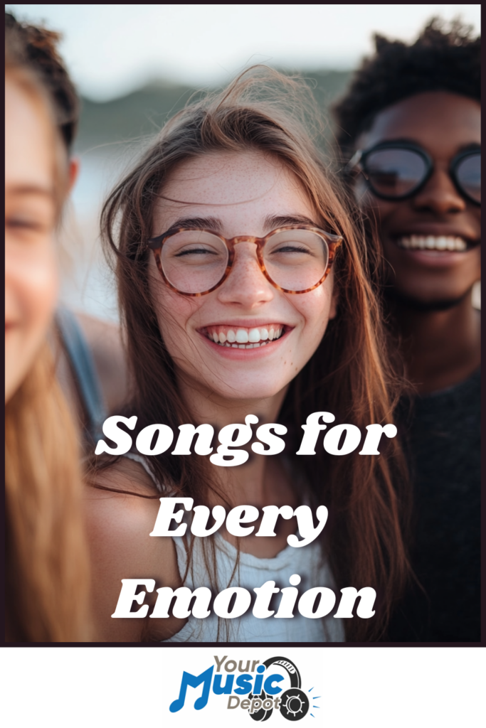 Three smiling people outdoors with the text "Songs for Every Emotion" embody the spirit of Your Music Depot, a place where melodies match every mood, promising tunes that resonate with every heart.