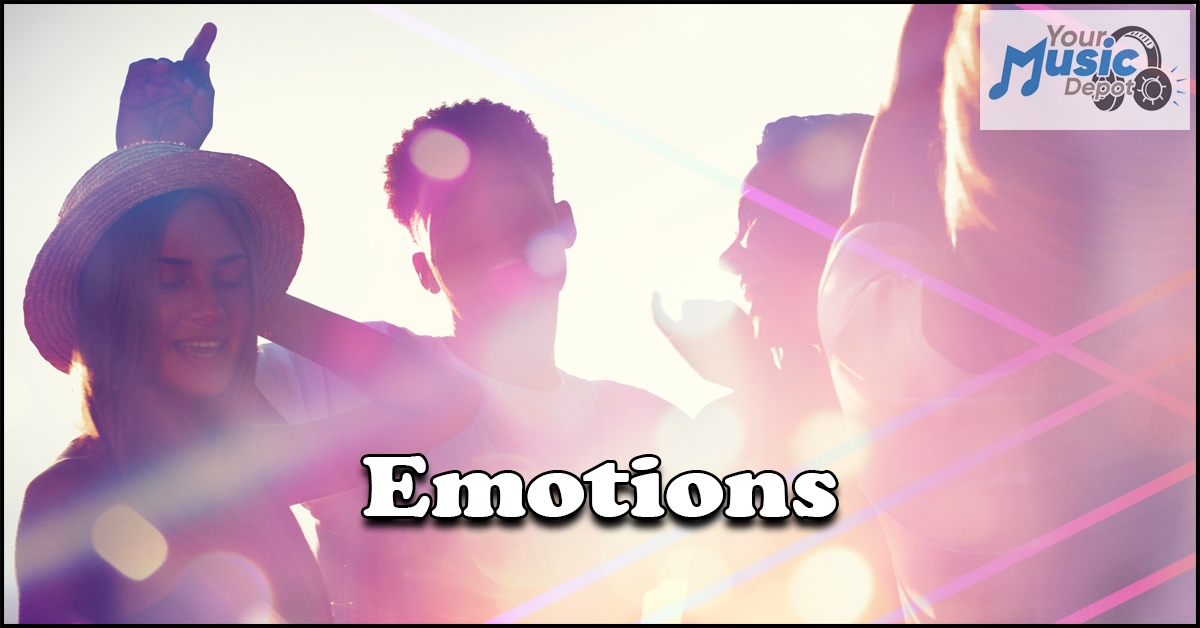 Group of people dancing at a party with the word "Emotions" overlaid. Pink lens flares and a logo for "Your Music Depot" are in the corner.