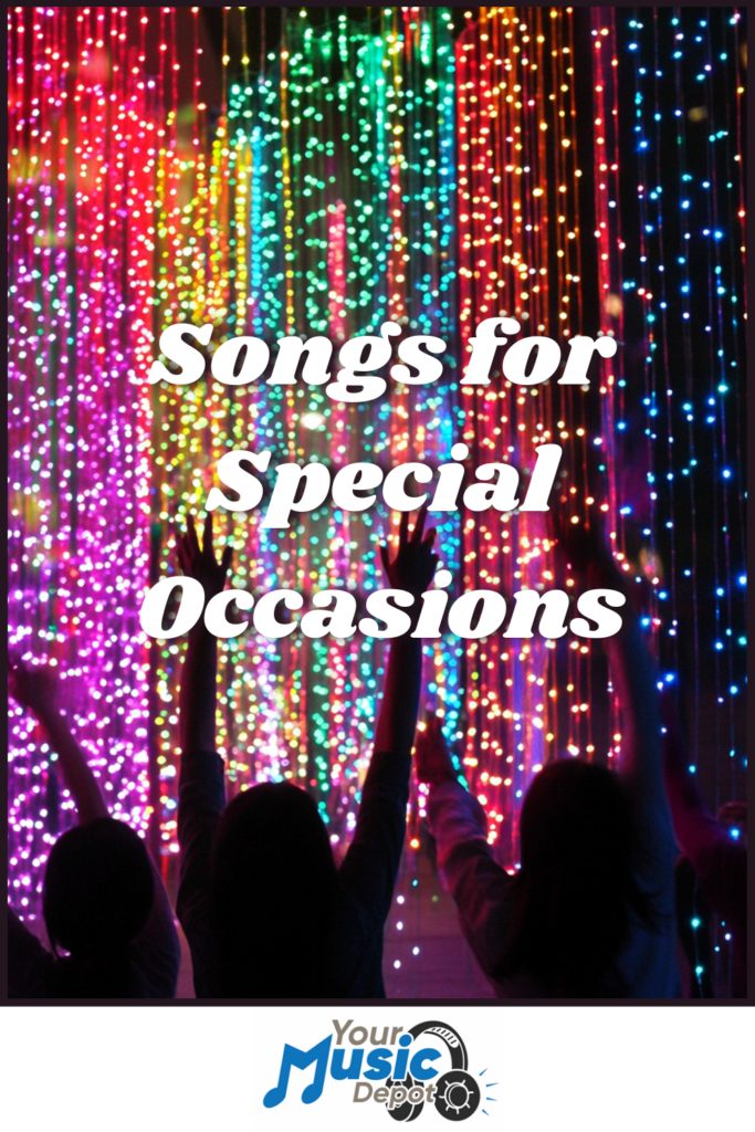 Silhouettes of people reaching towards colorful vertical lights, highlighted by the text "Songs for Special Occasions," and featuring the "Your Music Depot" logo.