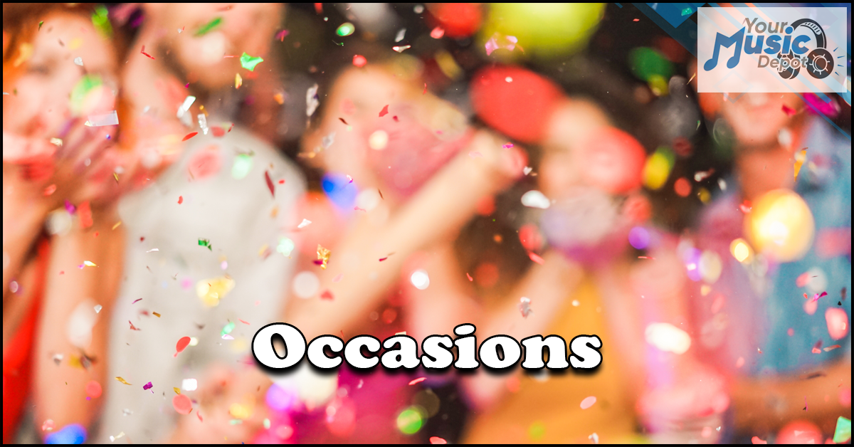 A blurred group of people celebrating with colorful confetti falling. A logo in the top right corner reads "Your Music Depot." The word "Occasions" is prominent in the center.