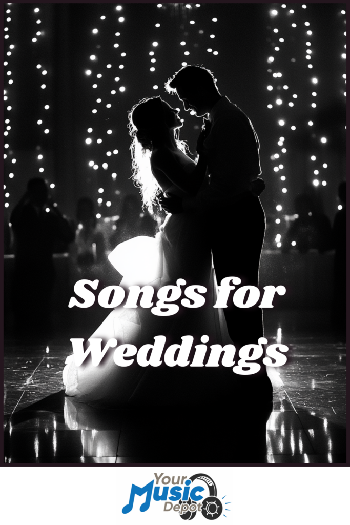 Under a canopy of twinkling string lights, a silhouetted couple sways gracefully. The scene is elegantly adorned with the text "Songs for Weddings," creating a romantic ambiance, while a charming logo completes the picture.