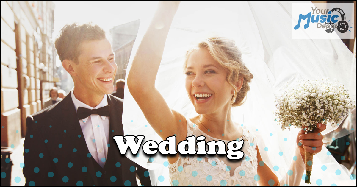 Bride and groom smiling and walking outside, she holds a bouquet and veil, with "Wedding" text overlay.