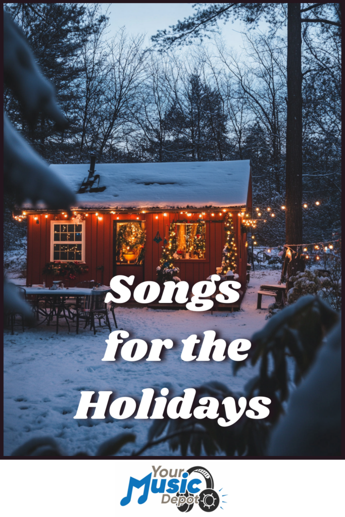 A snow-covered cabin adorned with festive lights sits in a serene forest, accompanied by the elegant logo and the phrase "Songs for Holidays.