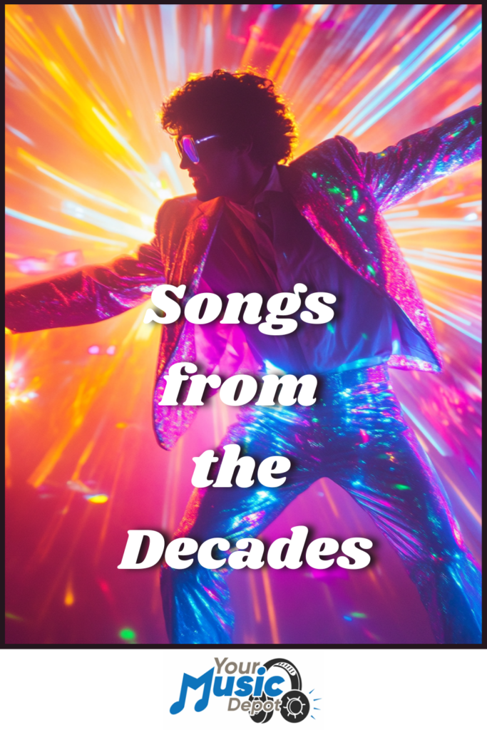 In a shiny disco outfit, a person dances energetically against a vibrant, light-filled backdrop, embodying the spirit of "Songs from the Decades.