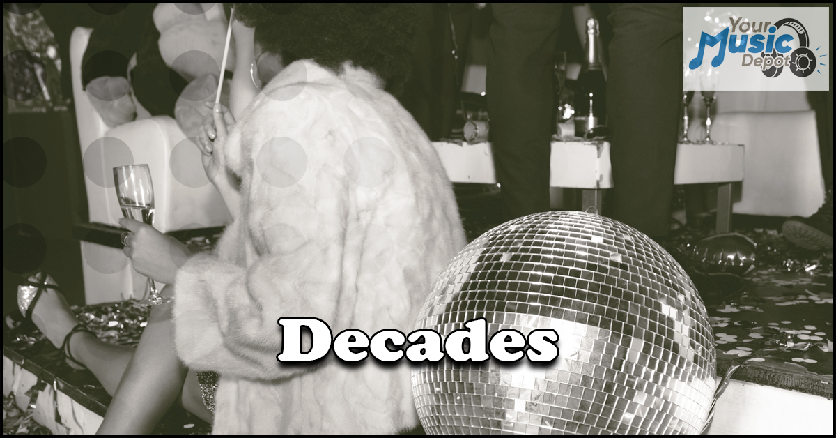 A vintage-style image with a person holding a champagne flute, seated near a disco ball. The word "Decades" is prominently displayed.