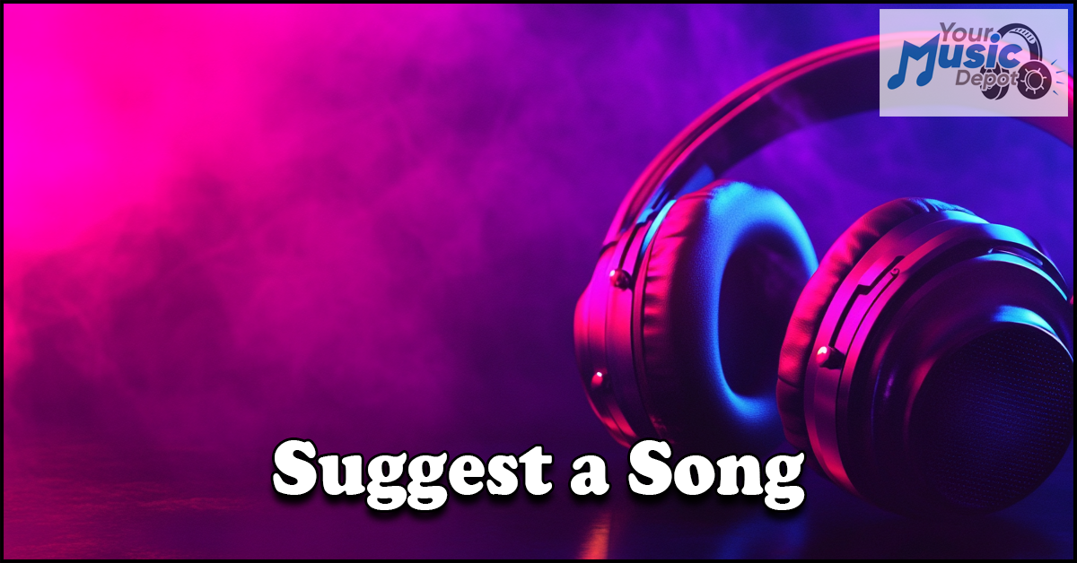 Headphones rest on a surface amid a pink and purple glow. Text reads "Suggest a Song," with the Your Music Depot logo proudly in the top right corner, offering endless musical inspiration.