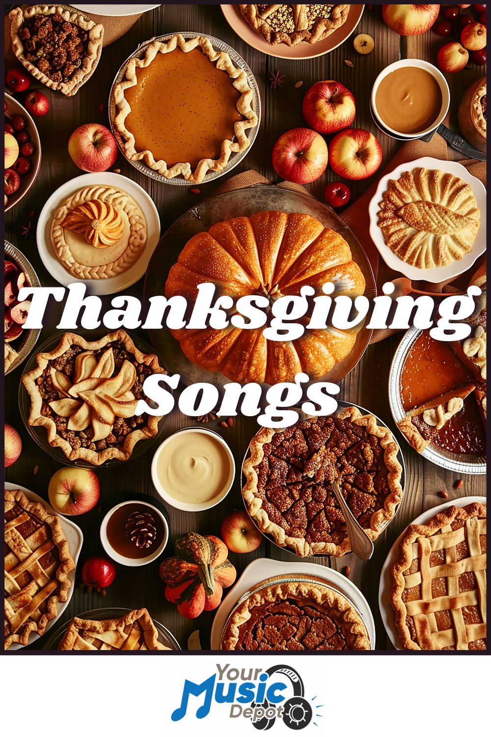 A variety of Thanksgiving pies and desserts are arranged on a table with apples and cups, overlaid with the text "Thanksgiving Songs" to set the mood, along with a "Your Music Depot" logo at the bottom.