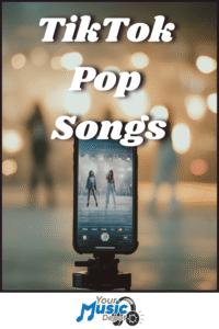 A smartphone on a tripod records two people dancing, with the text "TikTok Songs Pop" above and a "Your Music Depot" logo at the bottom.
