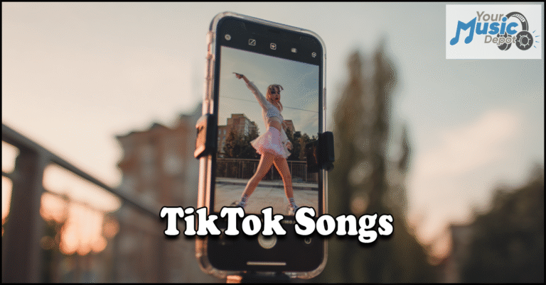 A smartphone on a tripod records a person dancing outdoors at sunset. The text "Top TikTok Songs" is overlaid, with a "Your Music Depot" logo in the corner.