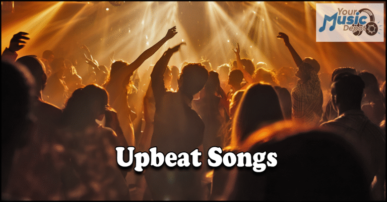 A crowd dances in a dimly lit club bathed in orange lights as "Upbeat Songs" pulses on the screen, joined by the "Your Music Depot" logo in the corner.