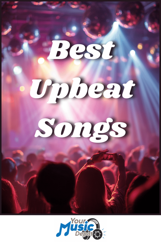 A crowd at a concert with colorful stage lights and the text "Best Upbeat Songs" in bold letters; "Your Music Depot" logo at the bottom, spotlighting today's top upbeat songs for every music lover.