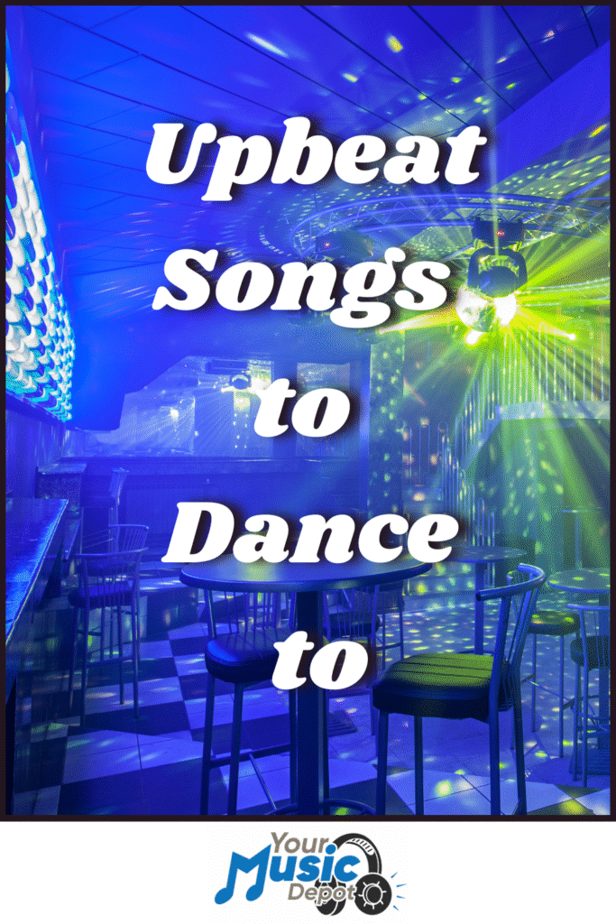 A neon-lit dance club with empty tables, colorful lights, and a disco ball, overlaid with the text "Songs About Dancing" and a "Your Music Depot" logo at the bottom.