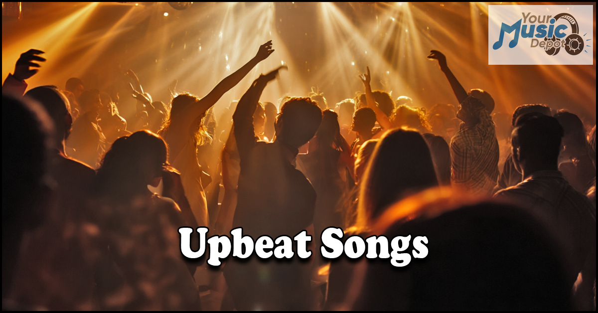 A crowd dances in a dimly lit club bathed in orange lights as "Upbeat Songs" pulses on the screen, joined by the "Your Music Depot" logo in the corner.