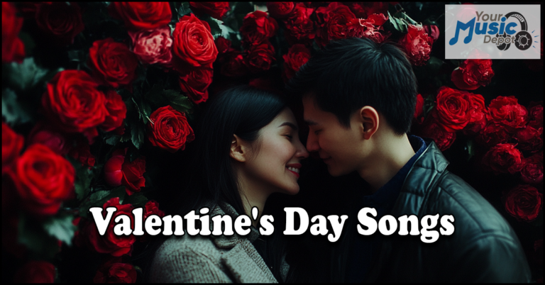 A couple faces each other closely, surrounded by red roses. The text reads "Valentine's Day Serenades" with a "Your Music Depot" logo in the corner.