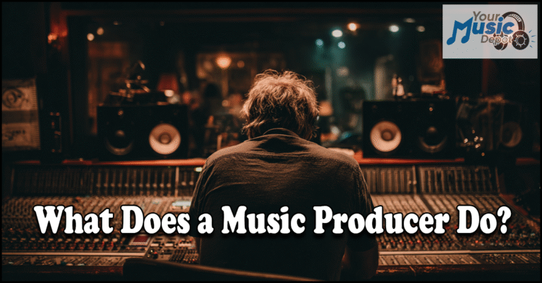 A person sits at a mixing console in a recording studio with the text “What Music Producers Do” and the Your Music Depot logo in the corner.