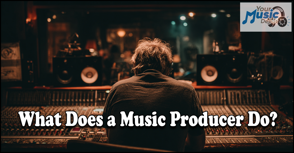 A person sits at a mixing console in a recording studio with the text “What Music Producers Do” and the Your Music Depot logo in the corner.