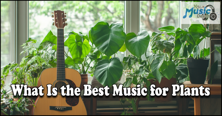 Next to a window, a guitar stands beside a row of green plants. The text over the image inquires, "What Is the Best Music for Plants?" reflecting nature and melody's harmonious interplay.