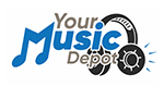 Logo for "Your Music Depot" featuring the word "Music" in blue with a musical note shape, and black headphones with sound waves on the right side.