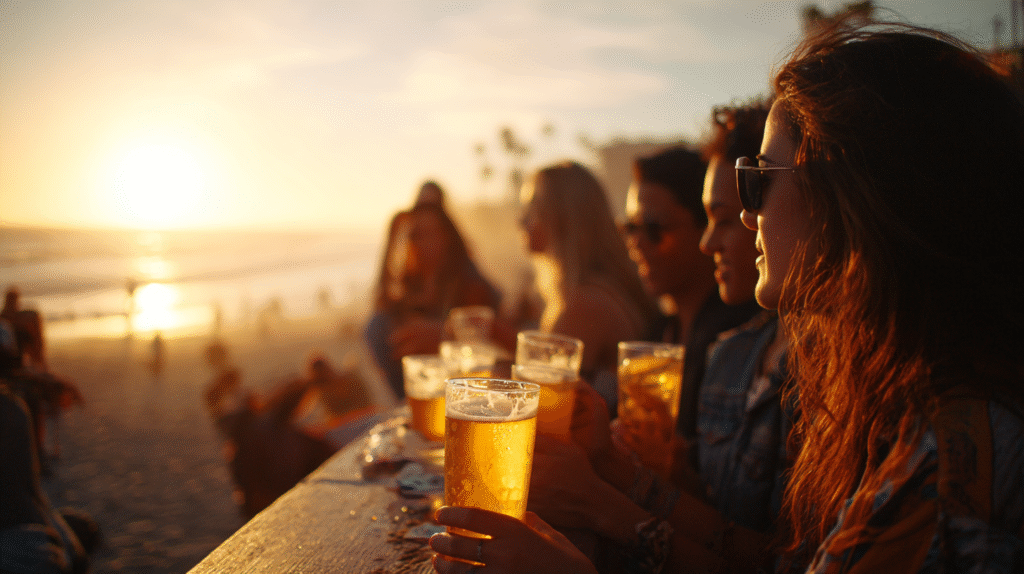 People sit at a beachside bar at sunset, holding glasses of beer, as songs about drinking play softly and the sun sets over the ocean in the background.